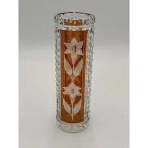 Vintage Cut ‘Julia’ Glassworks Lead Crystal Amber Vase Poland 1960s G